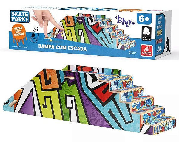 Pista Skate de Dedo Rampa com Escada Radical MDF Deck Grafitado