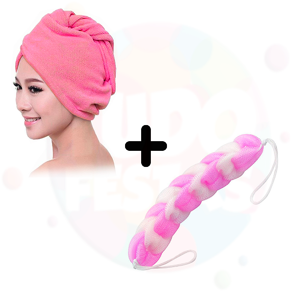 Kit Touca Toalha de Secar Cabelo e Esponja de Banho com Cordão