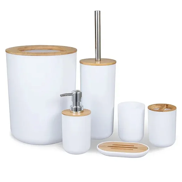 Kit Banheiro Conjunto Completo Lavabo 6 Peças Bambu Moderno Lixeira Saboneteira