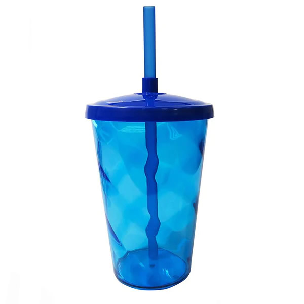 COPO FEST 400ML ACRILICO COM TAMPA E CANUDO AZUL TRANSPARENTE