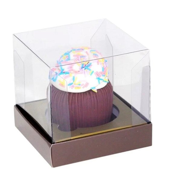 CAIXA TAMPA TRANSP 1 CUPCAKE MARROM C/OURO C/10 8X8X8CM