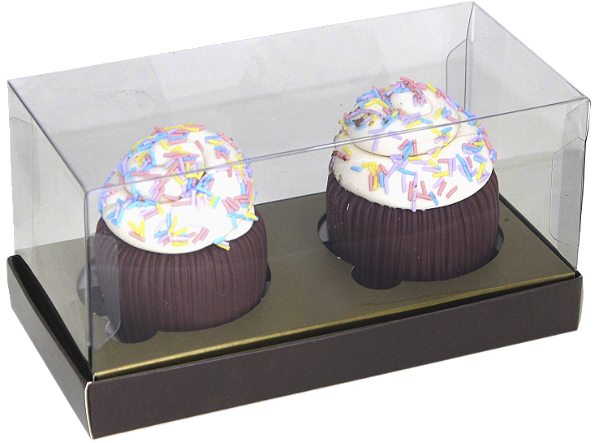 CAIXA FDO DOURADA TAMPA TRANSPARENTE 2 CUPCAKES C/10 UND