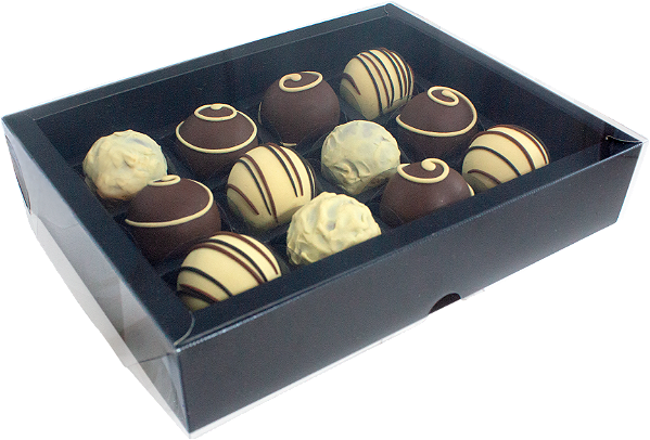 CAIXA BORDA PREMIUM PRETA PARA 12 DOCES TAMPA TRANSPARENTE C/10 UNI