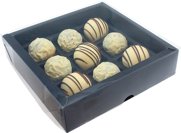 CAIXA BORDA PREMIUM PRETA PARA 9 DOCES TAMPA TRANSPARENTE C/10 UNI