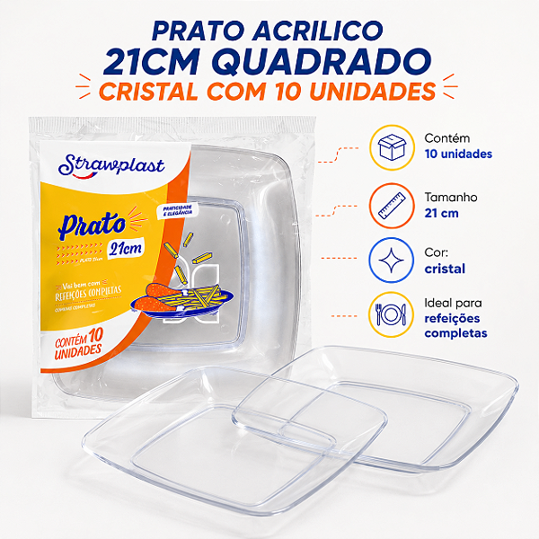 PRATO ACRILICO 21CM QUADRADO CRISTAL COM 10 UNIDADES