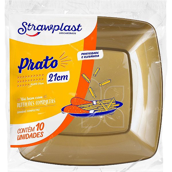 PRATO ACRILICO 21CM DOURADO QUADRADO C/10