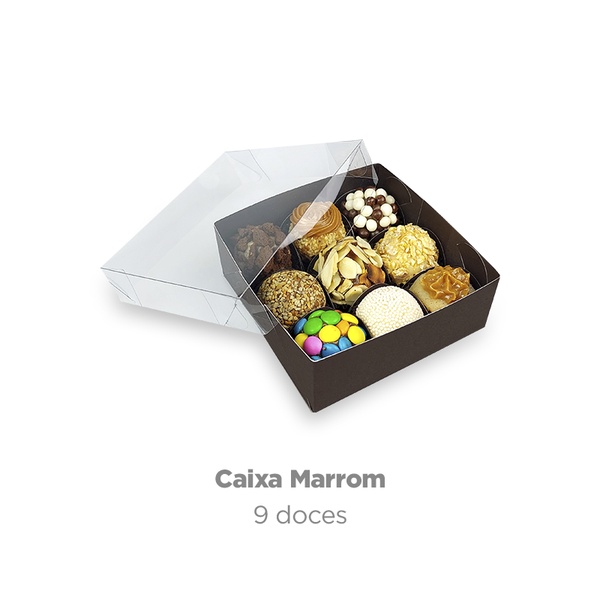 CAIXA VISOR ACETATO 9 DOCES FUNDO MARROM C/10 10,7 x 10,7 x 4cm
