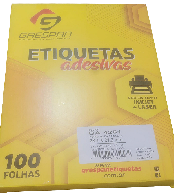 ETIQUETA LASER 38,1 X 21,2MM PCT 100 FLS