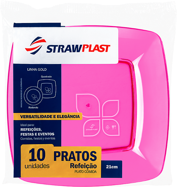 PRATO ACRIL 21CM ROSA NEON QUADRADO C/10