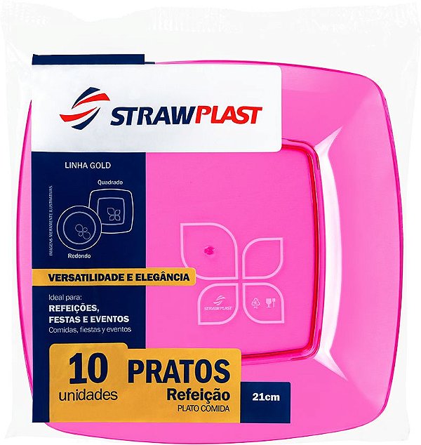 PRATO ACRIL 21CM ROSA NEON QUADRADO C/10