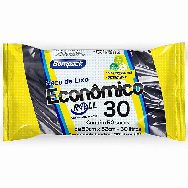 SACO DE LIXO BOMPACK ECONOMICO PRETO 30 LITROS C/50 UND 59x62