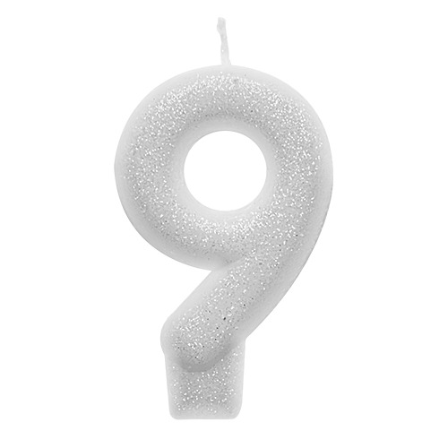 VELA COM GLITTER COR BRANCA NUMERO 9