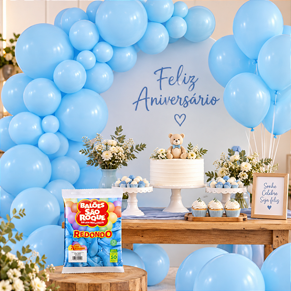 BALAO LISO REDONDO N° 7 AZUL BABY C/50 UNIDADES