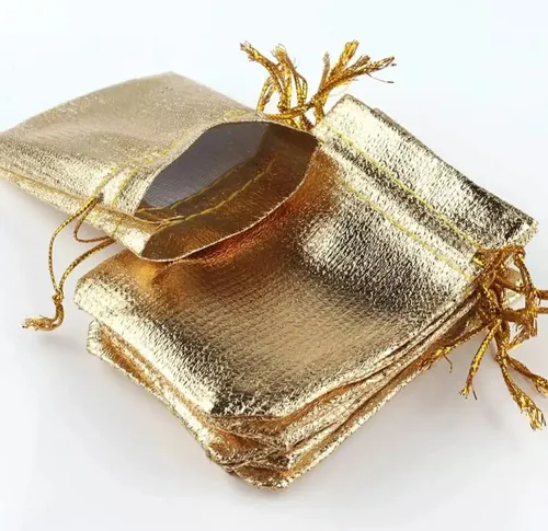 SACO FIBRA METALIZADO DOURADO 10X12CM PACOTE C/10 UNIDADES