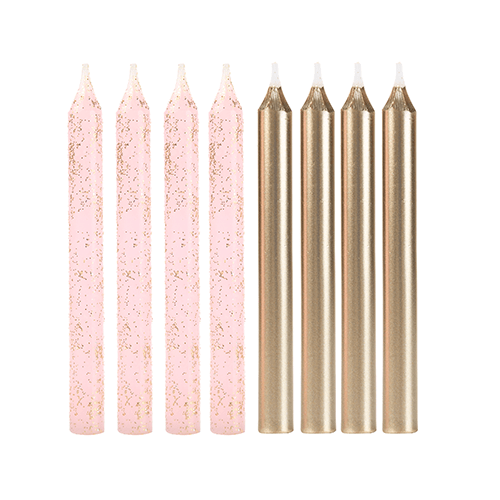 VELA PALITO ROSA GLITTER E DOURADO 8CM 8UND