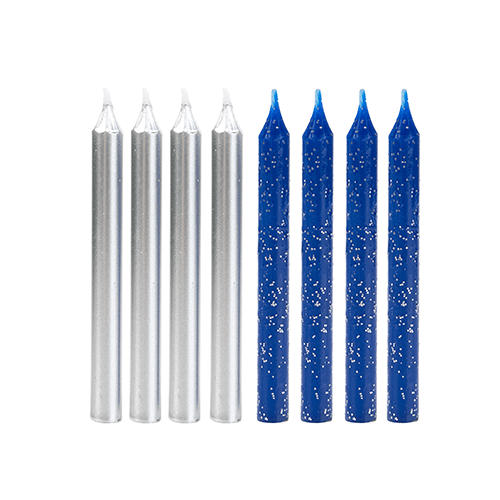 VELA PALITO AZUL GLITTER E PRATA 8CM 8 UNIDADES