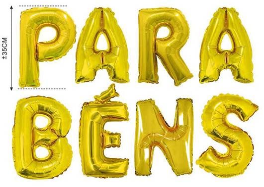 BALÃO METALIZADO PARABENS DOURADO C/ CANUDO 16"