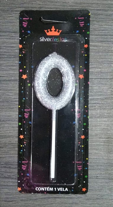 VELA GLITTER PRATA N.0 COM PALITO 13,5CM