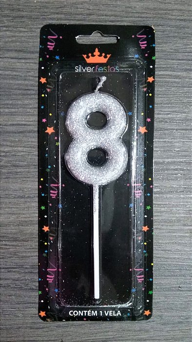 VELA GLITTER PRATA N8 COM PALITO 13,5CM