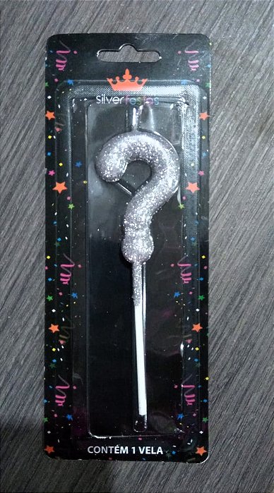 VELA GLITTER PRATA INTERROGAÇAO COM PALITO 13,5CM