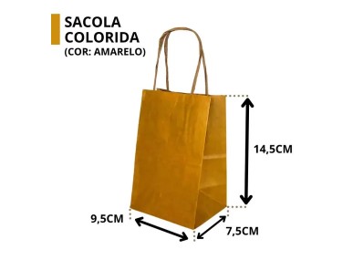 SACOLA PAPEL KRAFT AMARELO ALÇA NATURAL 9,5X7,5X14,5CM C/ 10 UNIDADES