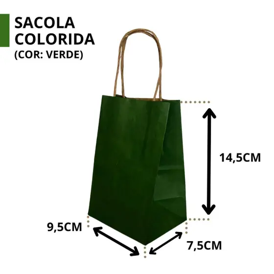 SACOLA PAPEL KRAFT VERDE ALÇA NATURAL 9,5X7,5X14,5CM C/ 10 UNIDADES