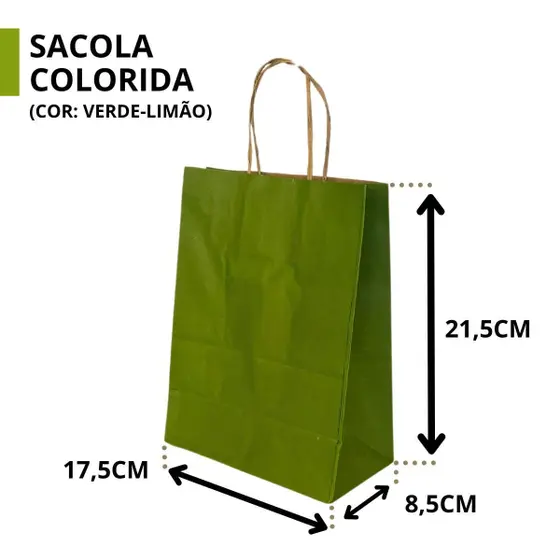 SACOLA PAPEL KRAFT VERDE LIMÃO ALÇA NATURAL 9,5X7,5X14,5CM C/ 10 UNIDADES
