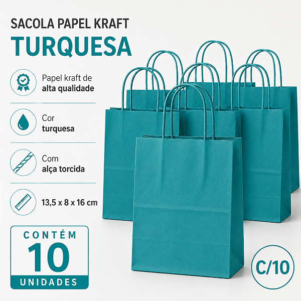 SACOLA PAPEL KRAFT TURQUESA 13,5X8X16 C/10