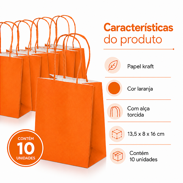 SACOLA PAPEL KRAFT LARANJA 13,5X8X16 C/10