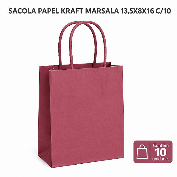 SACOLA PAPEL KRAFT MARSALA 13X8X16 C/10