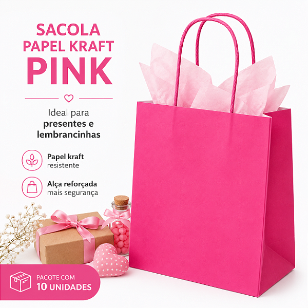 SACOLA PAPEL KRAFT ROSA PINK 13,5X8X16 C/10
