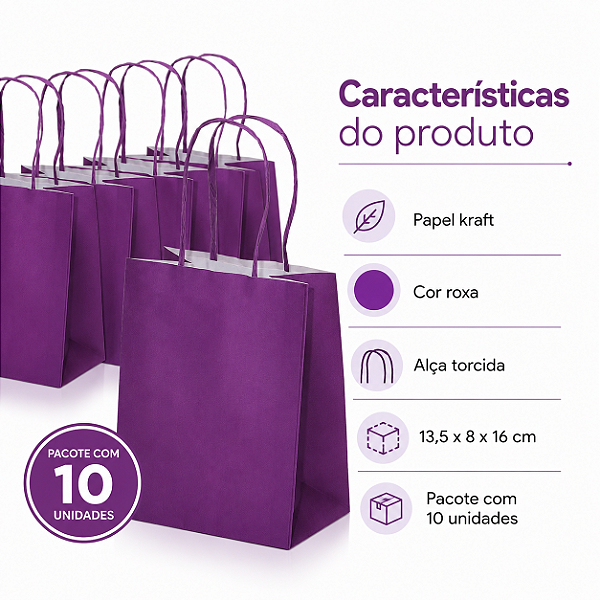 SACOLA PAPEL KRAFT ROXO 13,5X8X16 C/10
