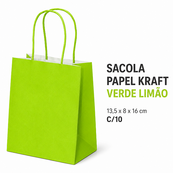 SACOLA PAPEL KRAFT VERDE LIMAO 13,5X8X16 C/10
