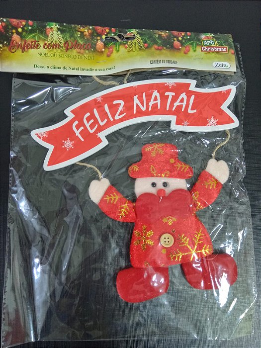ENFEITE BONECO NOEL/NEVE COM PLACA FELIZ NATAL