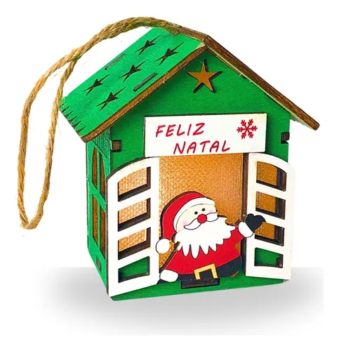 ENFEITE CASINHA MADEIRA COM LUZ 8CM FELIZ NATAL