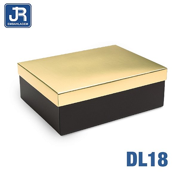 CAIXA RETANGULAR TAMPA DOURADA LAMINADO FUNDO PRETO 33X24X14CM