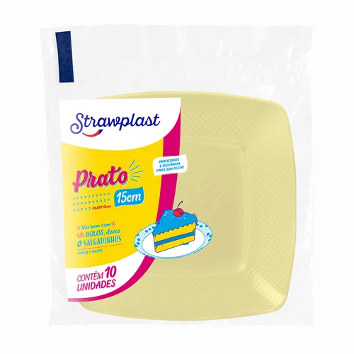 PRATO ACRILICO 15CM AMARELO CANDY QUADRADO C/10 UND