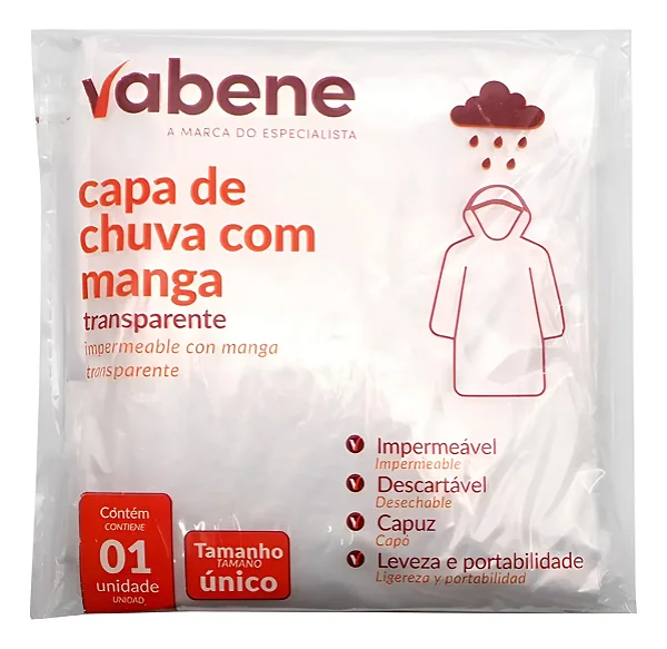 CAPA DE CHUVA COM MANGA LONGA TRANSPARENTE TAMANHO UNICO UND
