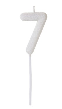 VELA COM GLITTER COR BRANCA COM PALITO NUMERO 7
