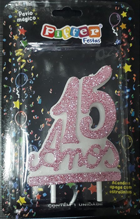 VELA TEXTO 15 ANOS BRANCA GLITTER ROSA UND