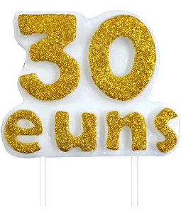 VELA TEXTO 30 E UNS BRANCA GLITTER OURO UND