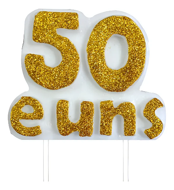 VELA TEXTO 50 E UNS BRANCA GLITTER OURO	UND