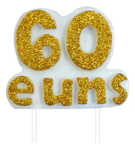 VELA TEXTO 60 E UNS BRANCA GLITTER OURO UND