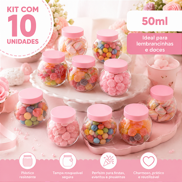MINI BALEIRO PLÁSTICO 50ML COM TAMPA ROSA BEBE C/10 UND