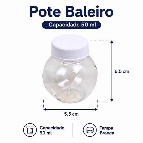 MINI BALEIRO PLASTICO 50ML COM TAMPA BRANCA C/10 UND