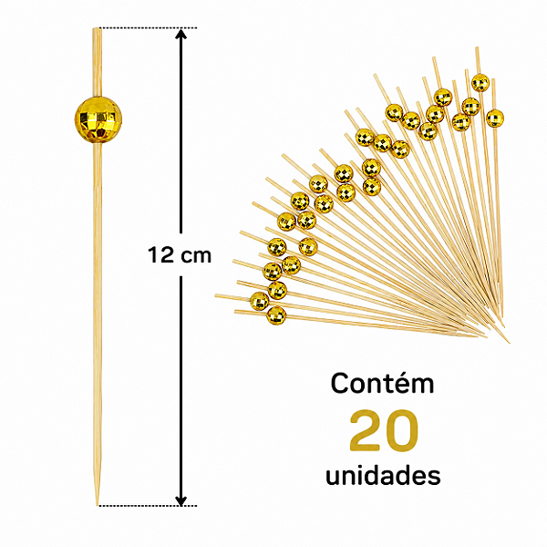PALITO EM BAMBU PARA PETISCOS BOLA ESPELHADA DOURADA 12CM C/20 UND