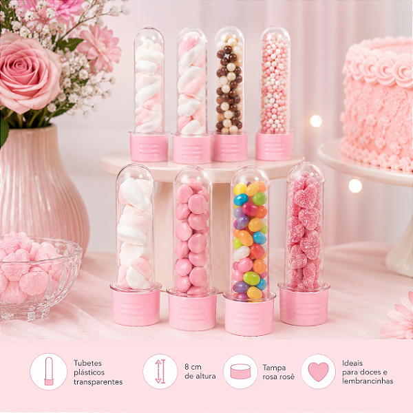 TUBETE PEQUENO COM TAMPA ROSA BEBE C/10 UND