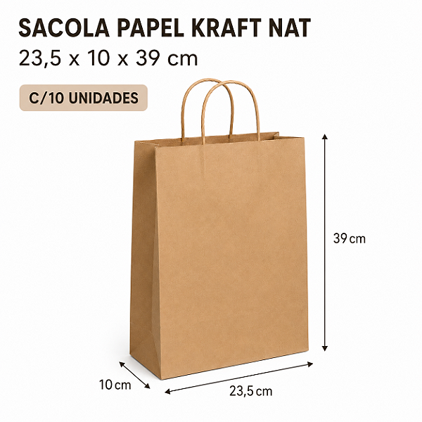 SACOLA PAPEL KRAFT NATURAL 23,5X10X39 COM 10 UND