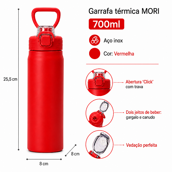 GARRAFA TERMICA INOX 700ML VERMELHO MORI