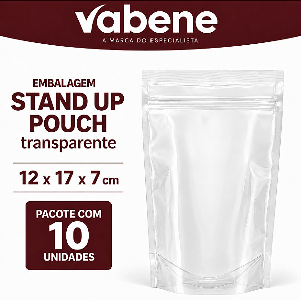 SACO EMBALAGEM STAND UP POUCH TRANSPARENTE 12X17X7 COM 10 UNIDADES